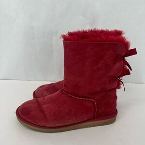UGG Red Suede Shearling Mid-Calf Boots with Back Bows